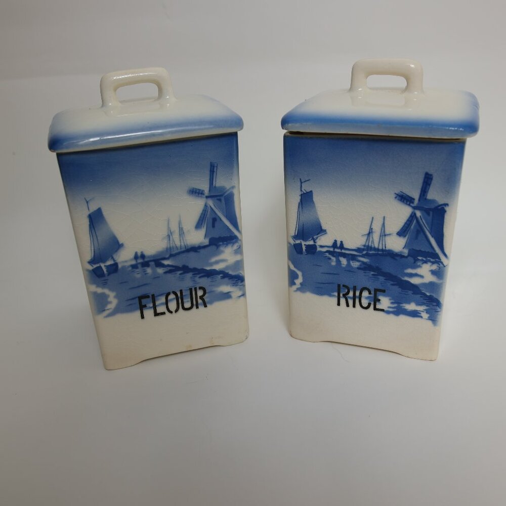 Ceramic Delft Blue Windmill Canisters